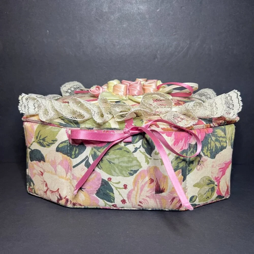 Vintage Ruffled Lace Ribbon & Floral Applique Fabric Octagon Jewelry Trinket Box